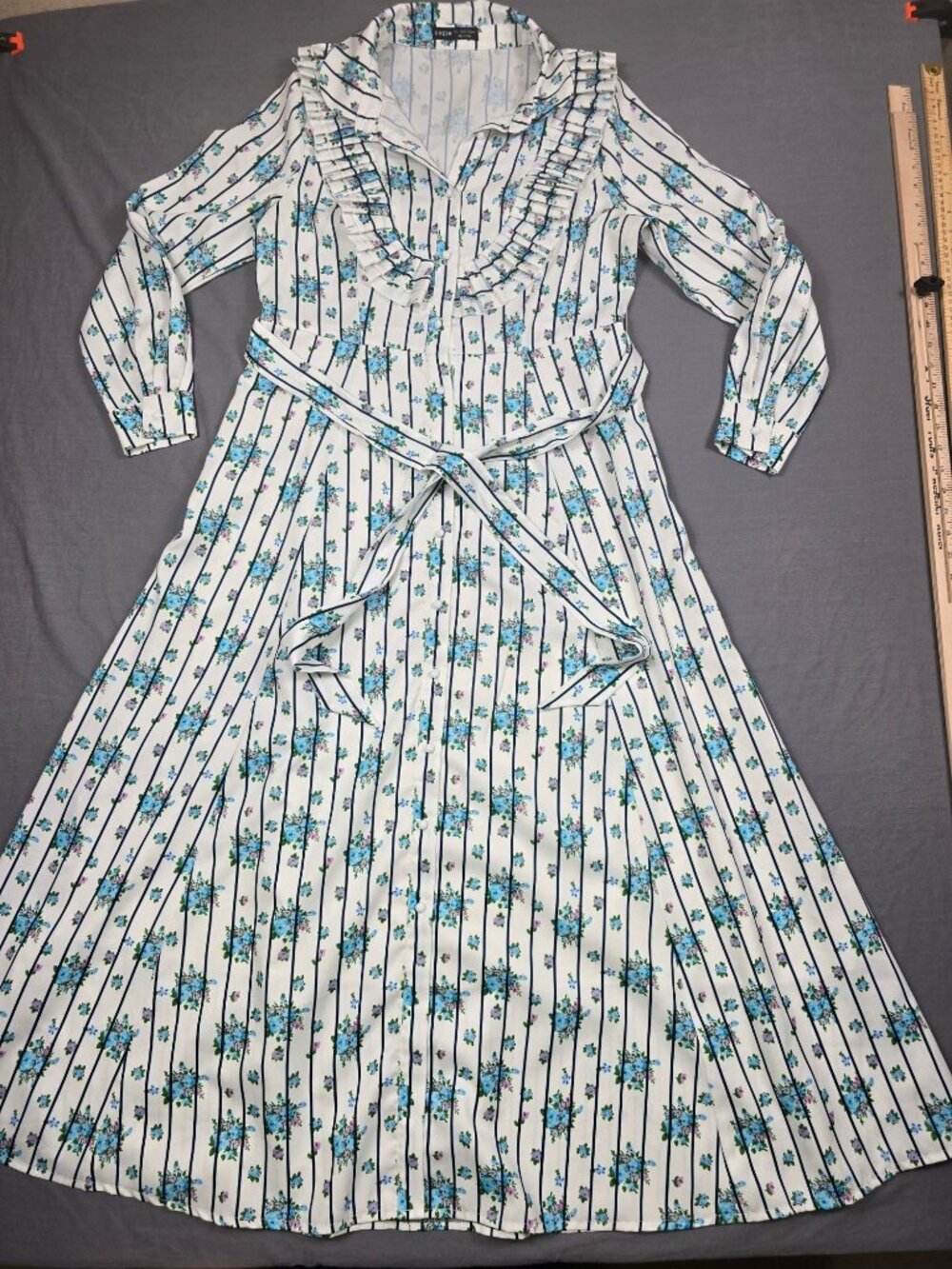 Size Large Floral & Stripe Long Sleeve Belted Maxi Dress Cottage Core Prairie